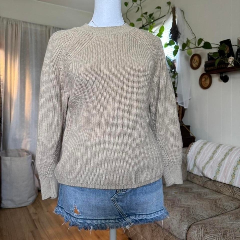 Nordstrom Womens Beige Shaker Stitch Raglan Crewneck Sweater Small